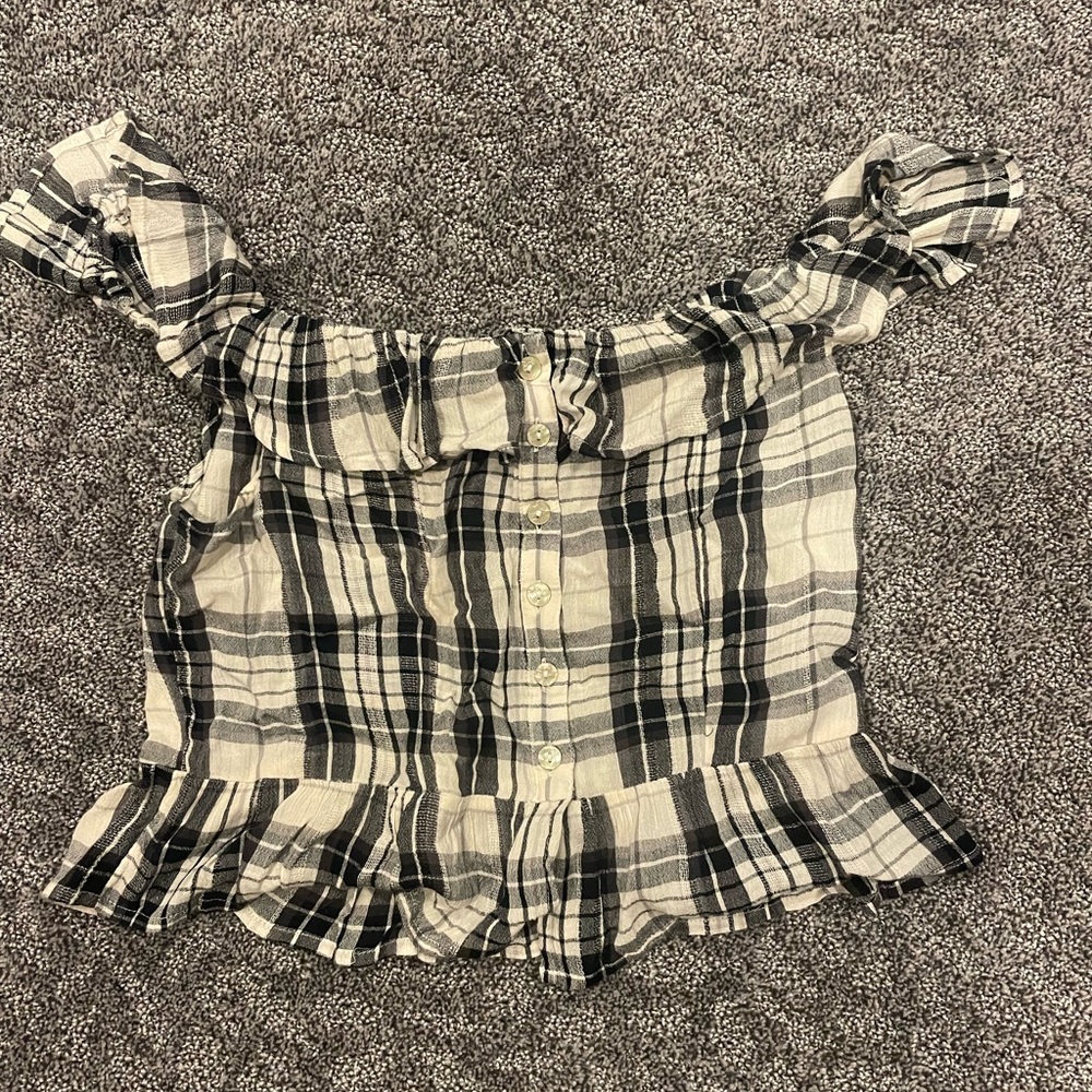 Aerie Black and White Plaid Ruffle Blouse